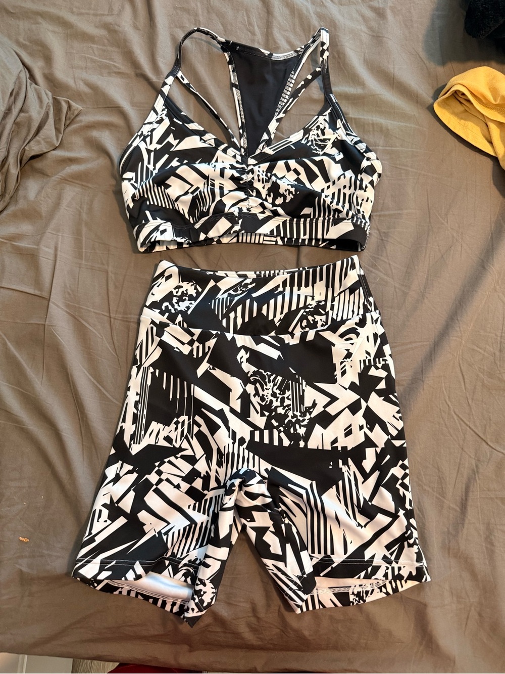 Gymshark Black and White Abstract Print Sports Bra and Biker Shorts Set